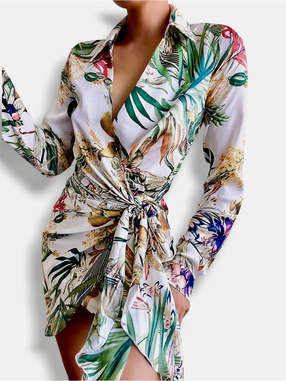 LUXXEL Wrap Botanical Floral Tropical Tie-Waist Long Sleeve Mini Dress